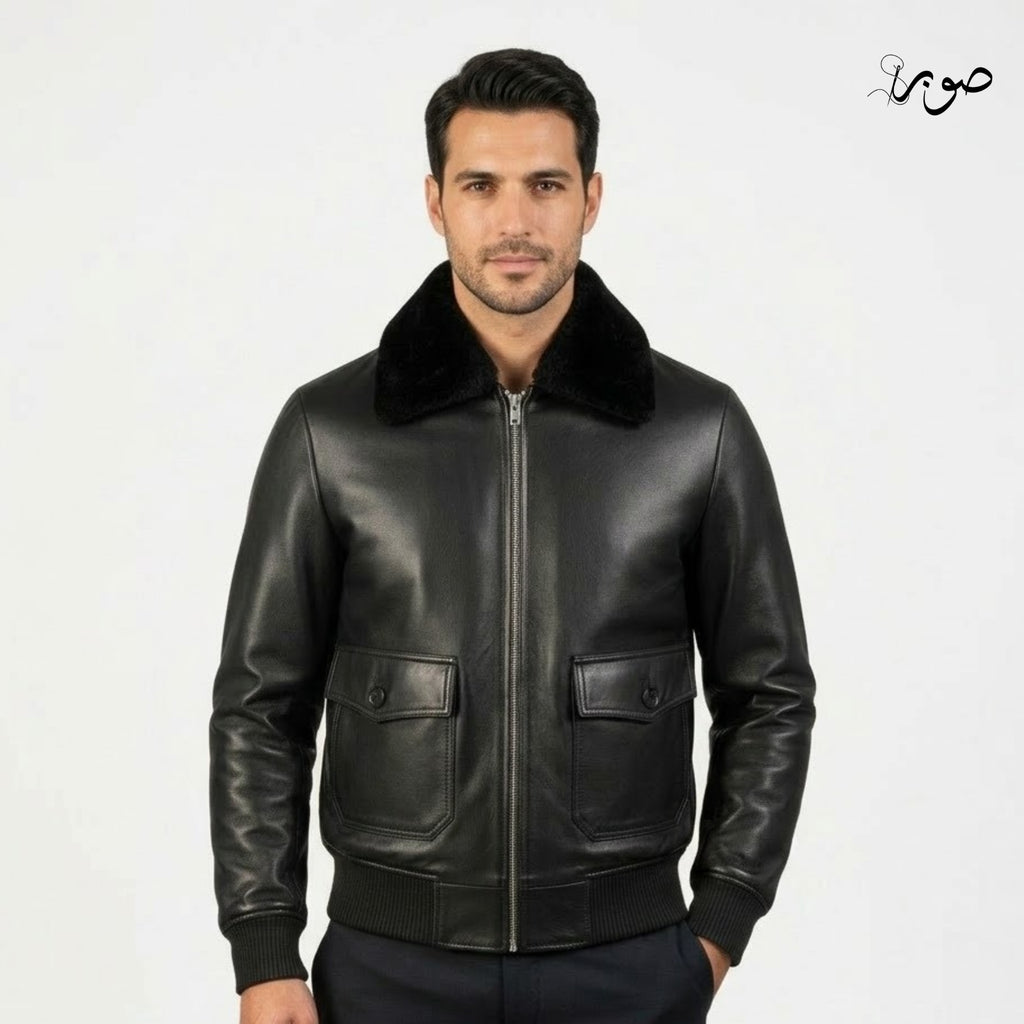 Men's Black Leather Aviator Jacket with Fur Collar - Premium Bomber Flight Jacket