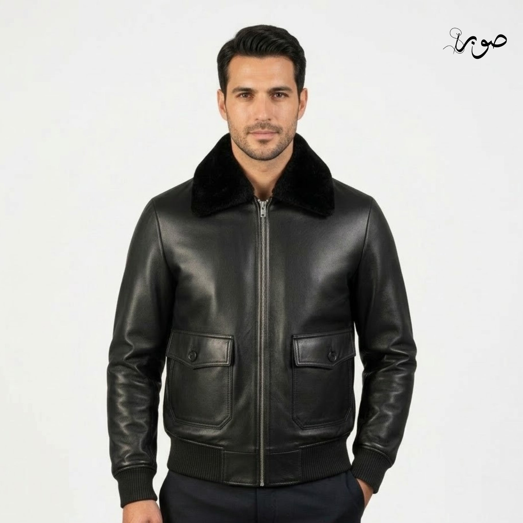Men's Black Leather Aviator Jacket with Fur Collar - Premium Bomber Flight Jacket