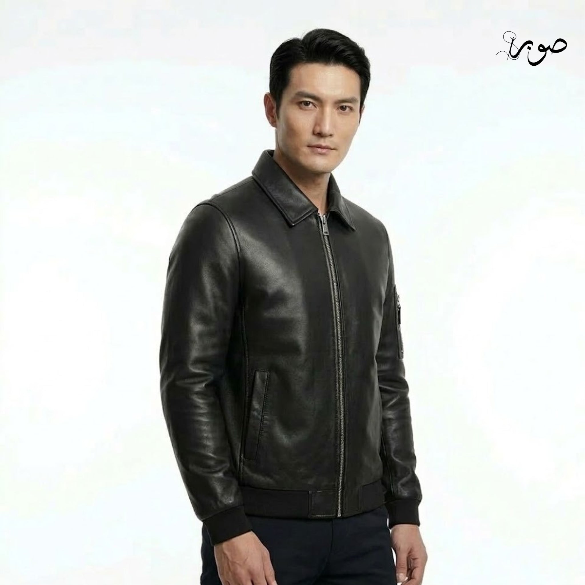 Men's Black Leather Bomber Jacket - Classic Zip Front with Ribbed Cuffs