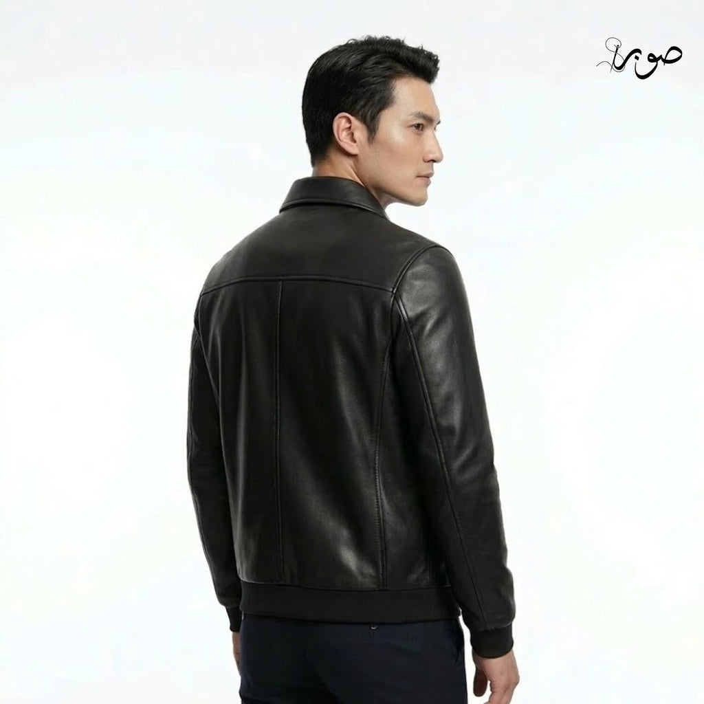 Men's Black Leather Bomber Jacket - Classic Zip Front with Ribbed Cuffs