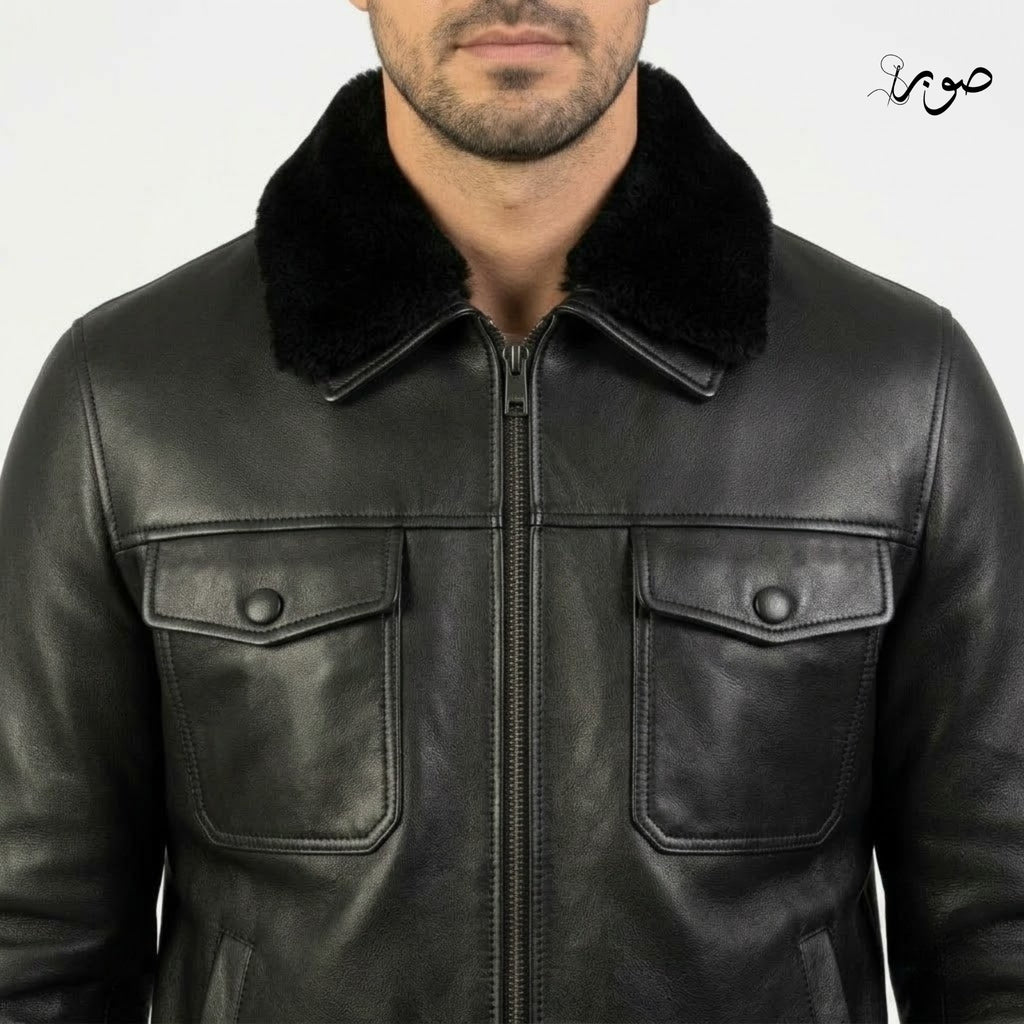 Men's Black Leather Aviator Jacket with Fur Collar - Premium Bomber Flight Jacket
