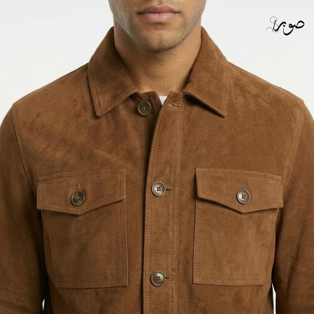 Men's Brown Suede Shirt Jacket - Premium Overshirt with Chest Pockets