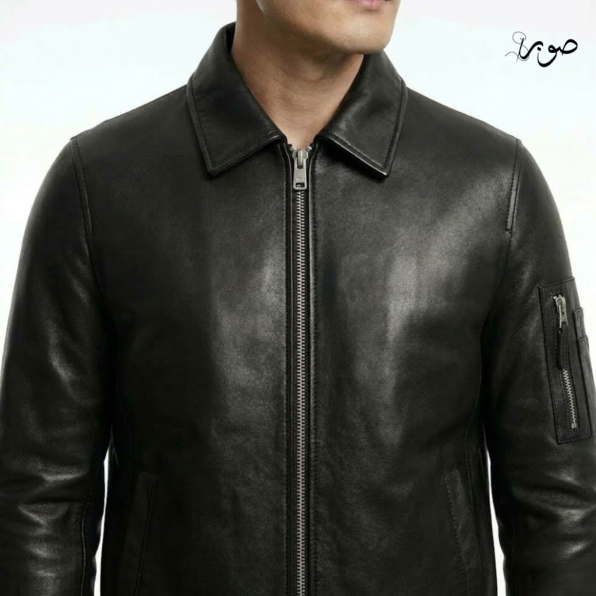 Men's Black Leather Bomber Jacket - Classic Zip Front with Ribbed Cuffs