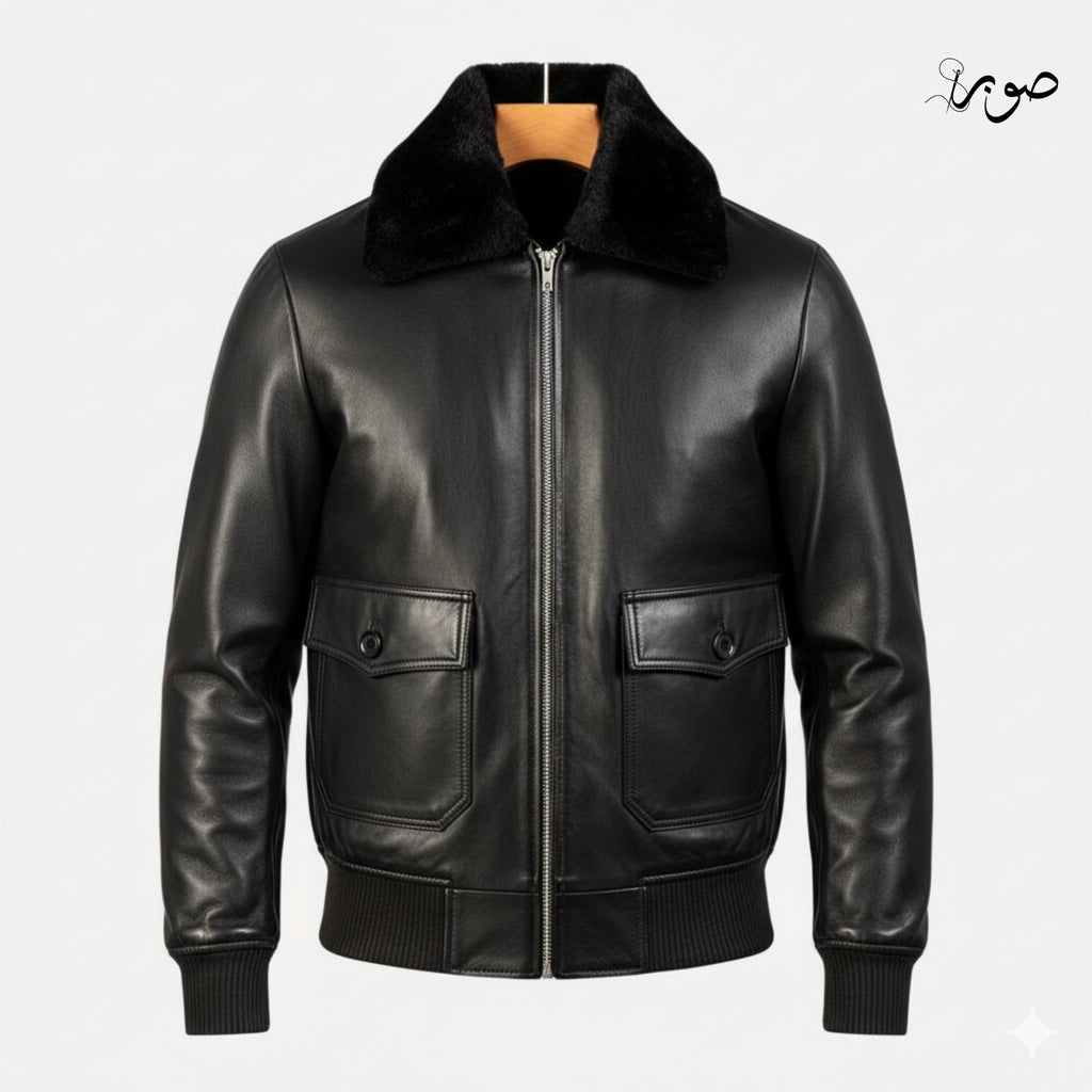 Men's Black Leather Aviator Jacket with Fur Collar - Premium Bomber Flight Jacket
