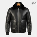 Men's Black Leather Aviator Jacket with Fur Collar - Premium Bomber Flight Jacket