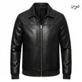 Men's Black Leather Bomber Jacket - Classic Zip Front with Ribbed Cuffs