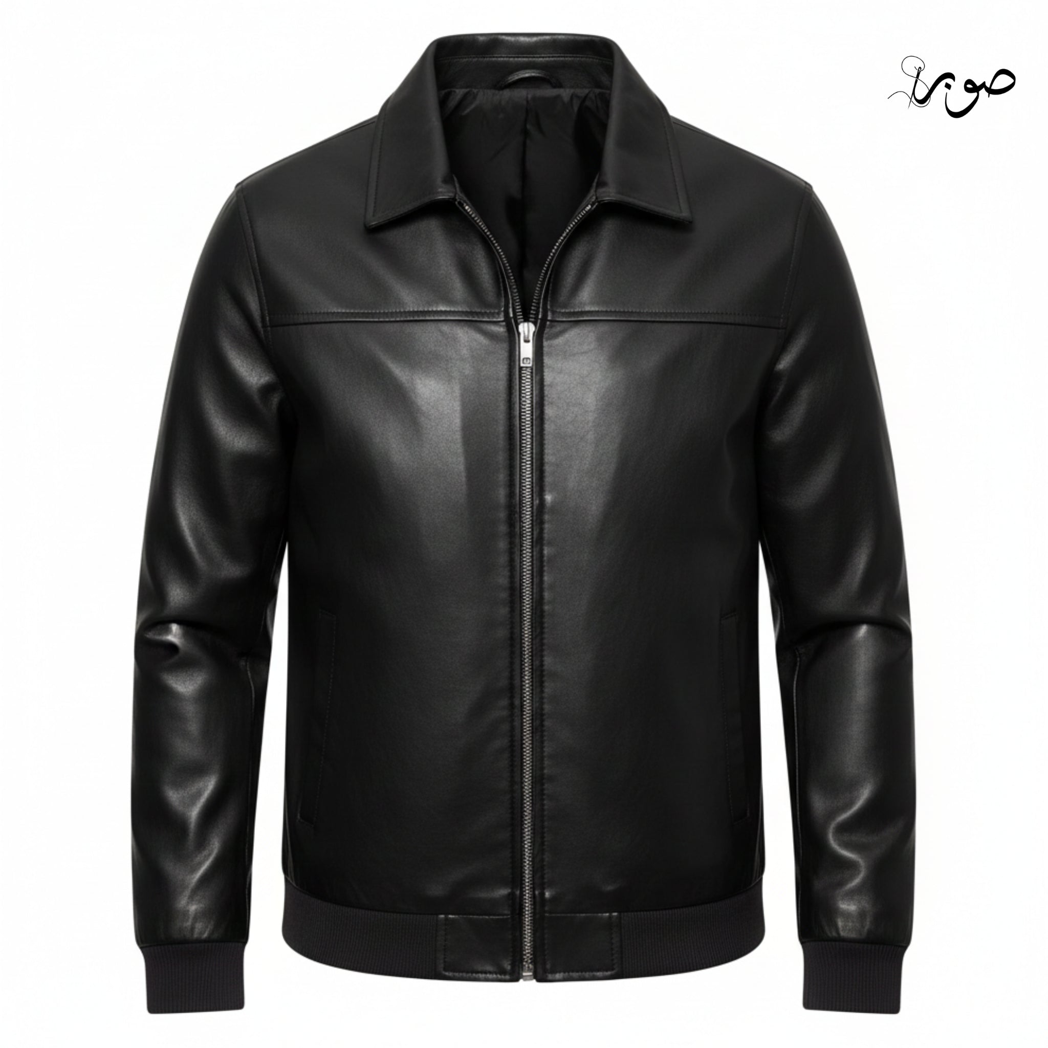 Men's Black Leather Bomber Jacket - Classic Zip Front with Ribbed Cuffs
