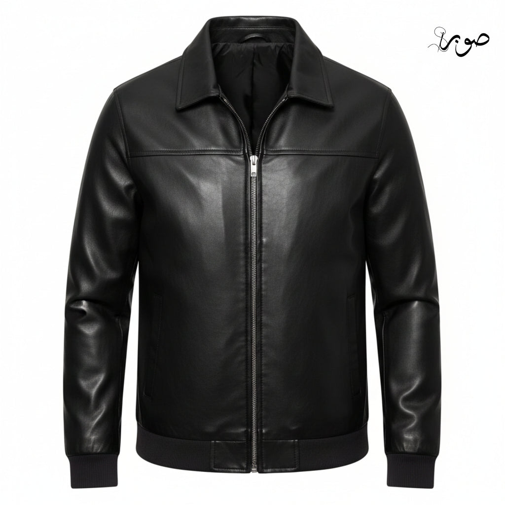 Men's Black Leather Bomber Jacket - Classic Zip Front with Ribbed Cuffs