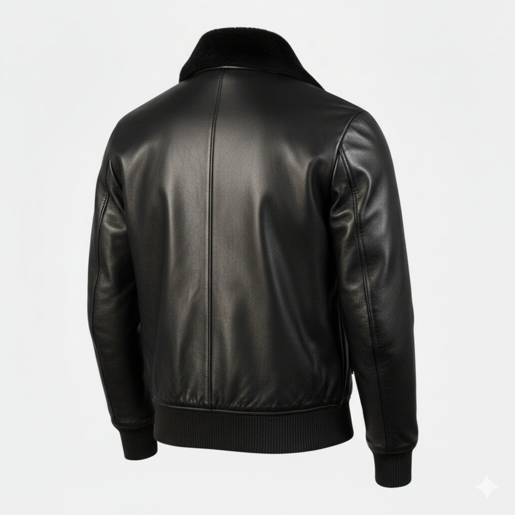 Men's Black Leather Aviator Jacket with Fur Collar - Premium Bomber Flight Jacket