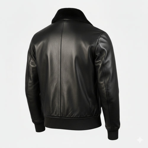 Men's Black Leather Aviator Jacket with Fur Collar - Premium Bomber Flight Jacket