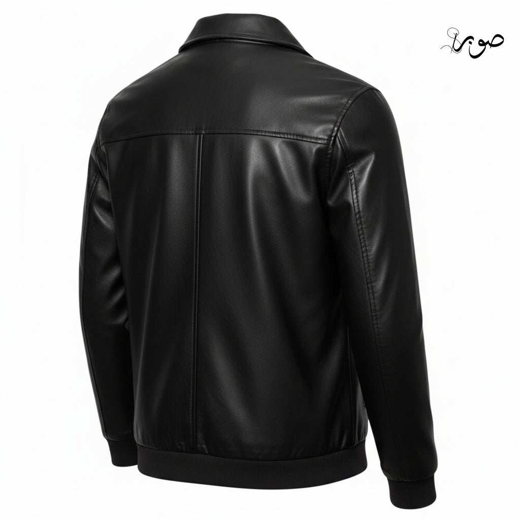 Men's Black Leather Bomber Jacket - Classic Zip Front with Ribbed Cuffs