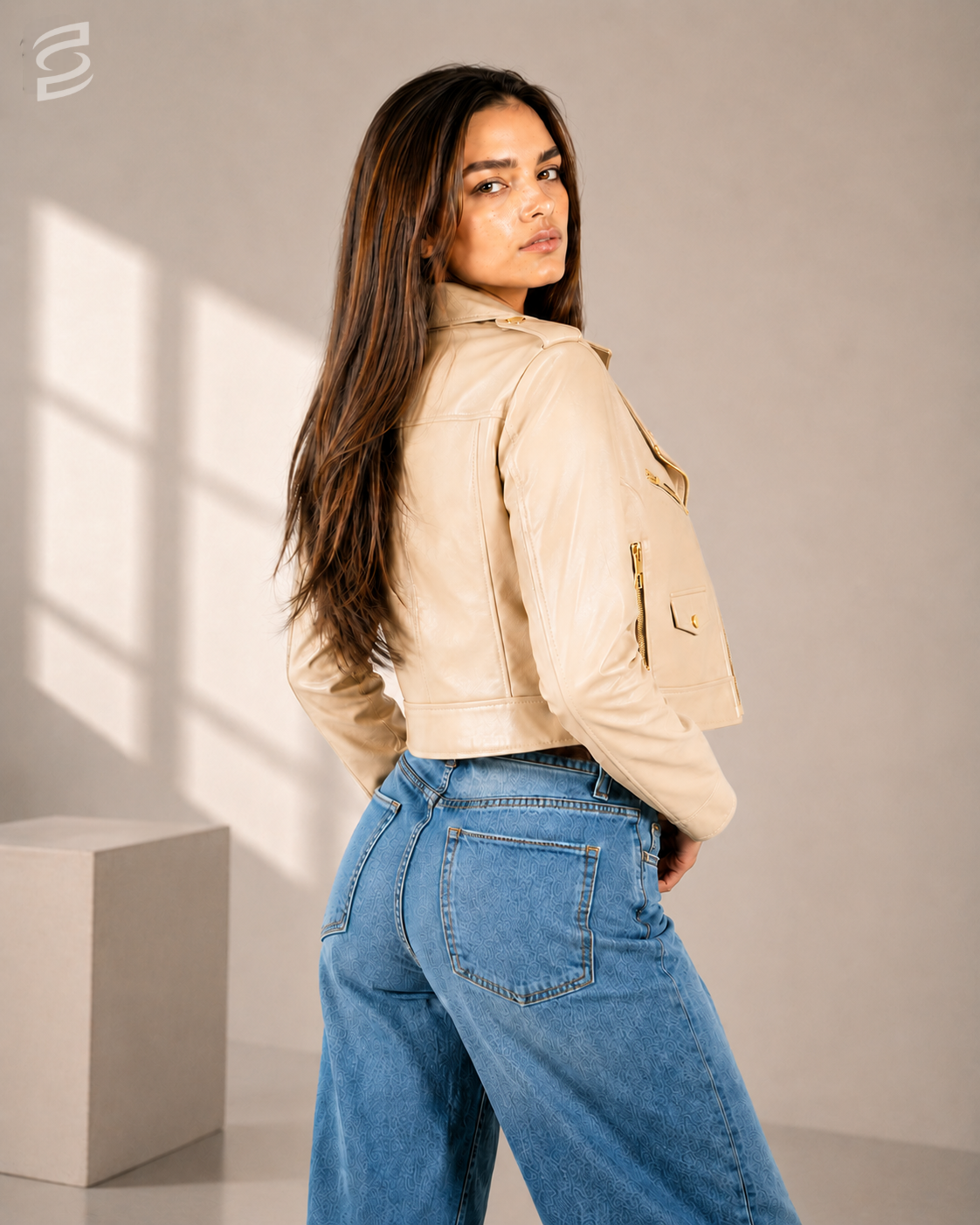 High Premium feel Beige short women's biker jacket