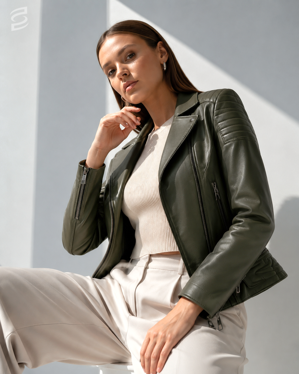 Women’s Green AGNES Leather Biker Jacket comfortable zone
